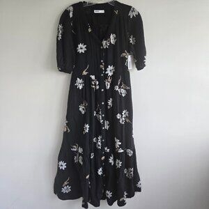 NEW Sonoma Cotton Black Floral Puff Sleeve Cottagecore Midi Dress Size XS